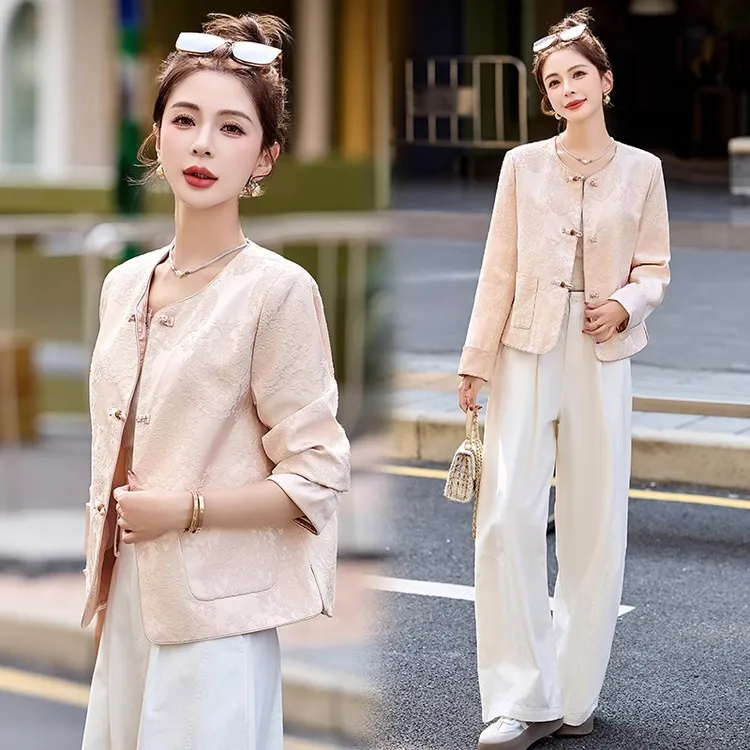 粉色圆领新中式国风减龄外套女2025新款爆款春季超火提花短款上衣