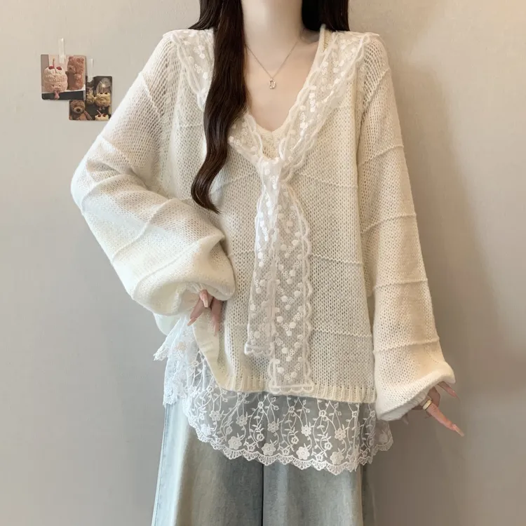 胖mm遮肚蕾丝拼接V领毛衣针织衫女秋冬大码披肩别致显瘦宽松上衣