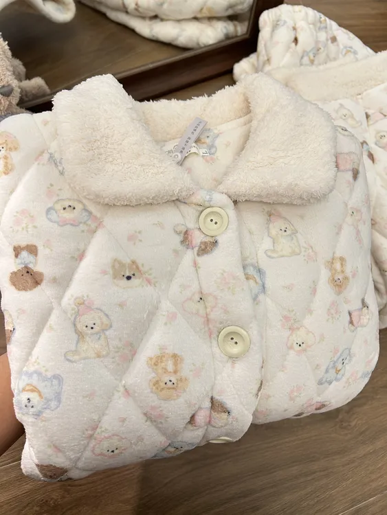 泡芙小狗加厚珊瑚绒三层夹棉睡衣女冬季可爱保暖家居服套装可外穿