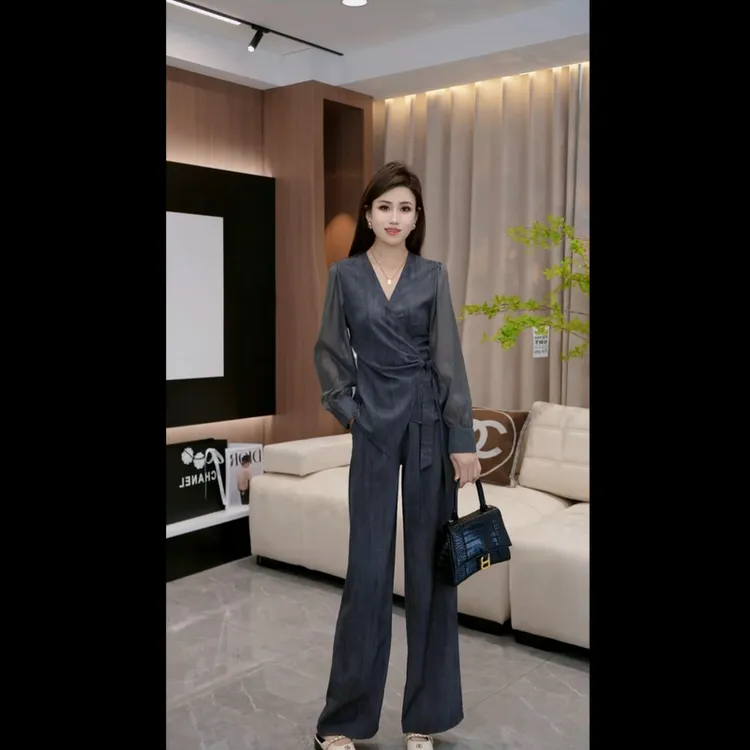 新款扎染风衣短款外套上衣+高腰直筒阔腿裤两件套套装