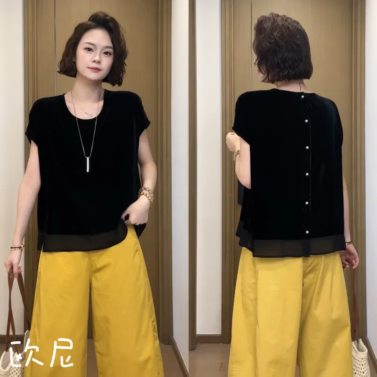 欧尼私服 2025夏时尚圆领丝绒拼接短袖衬衫上衣2506C3264