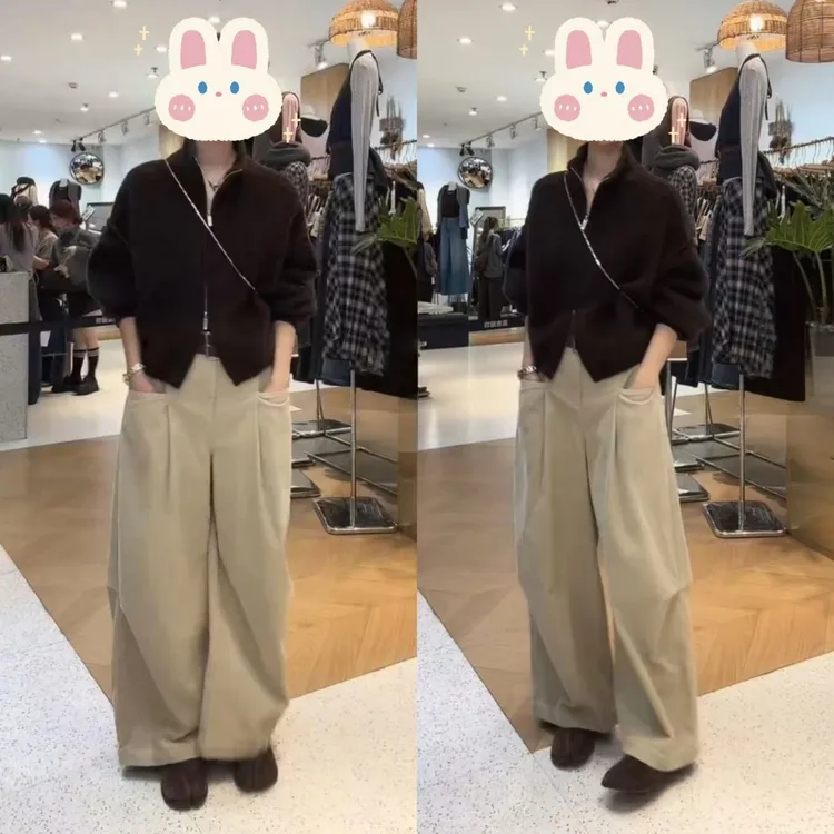 高端圈圈颗粒感外套暗坑高领双拉链设计感毛衫+百搭休闲阔腿裤