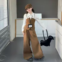 又飒又美女童设计感马甲拼接衬衫假两件阔腿裤2025秋季咖色套装