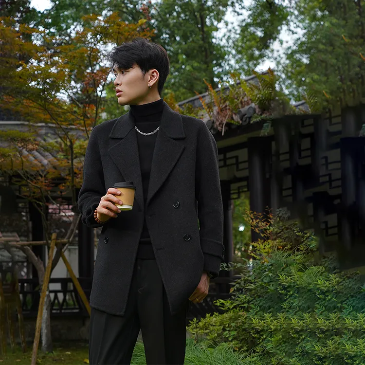 [短款70羊毛]男士秋冬中长款双面西服男装大衣休闲宽松百搭显瘦