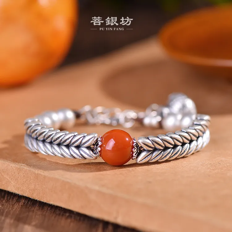 【菩银坊】925银 麦穗南红钱袋袋手链，17➕5厘米，