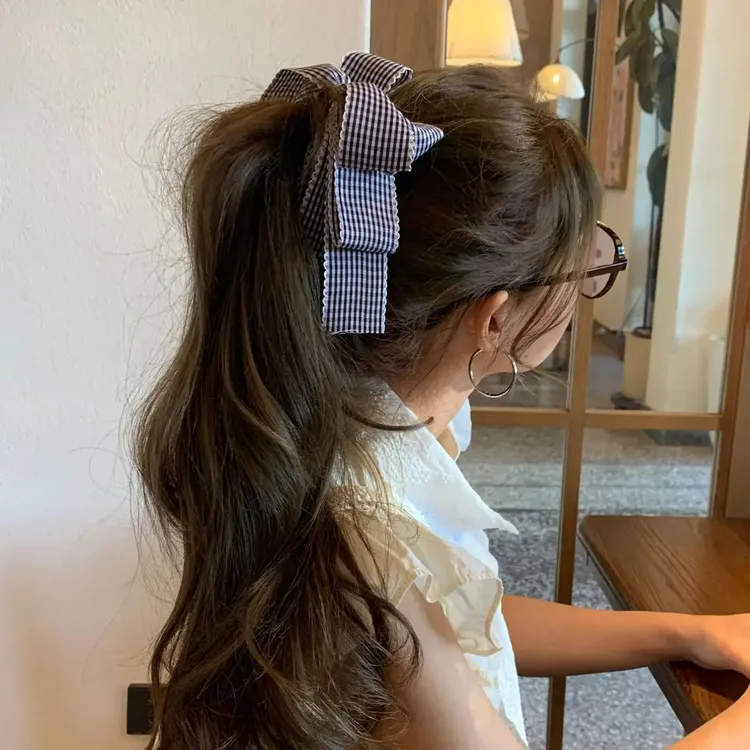 韩国甜美格子蝴蝶结发夹女2025新款后脑勺盘发发夹高马尾香蕉夹女