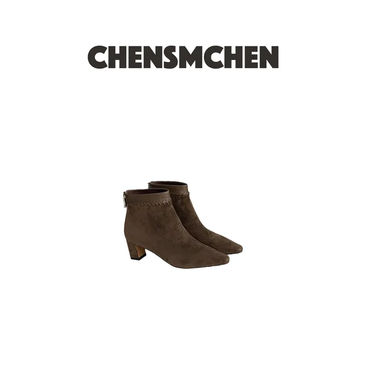 CHENSMCHEN 复古风尖头秋冬粗跟短靴女