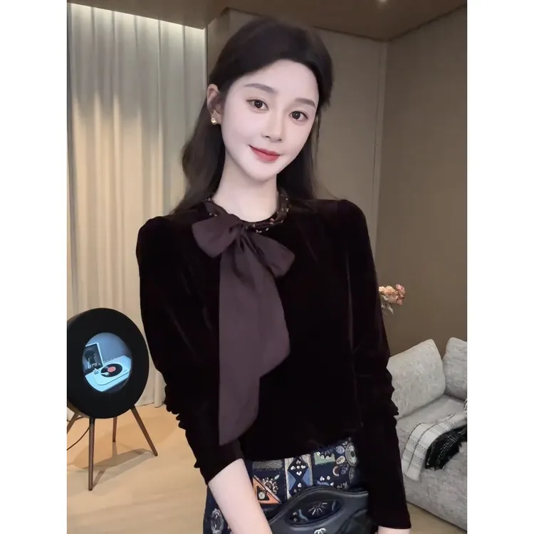 韩版高级感长袖蝴蝶结系带衬衫女百搭秋冬设计感轻奢丝绒气质上衣