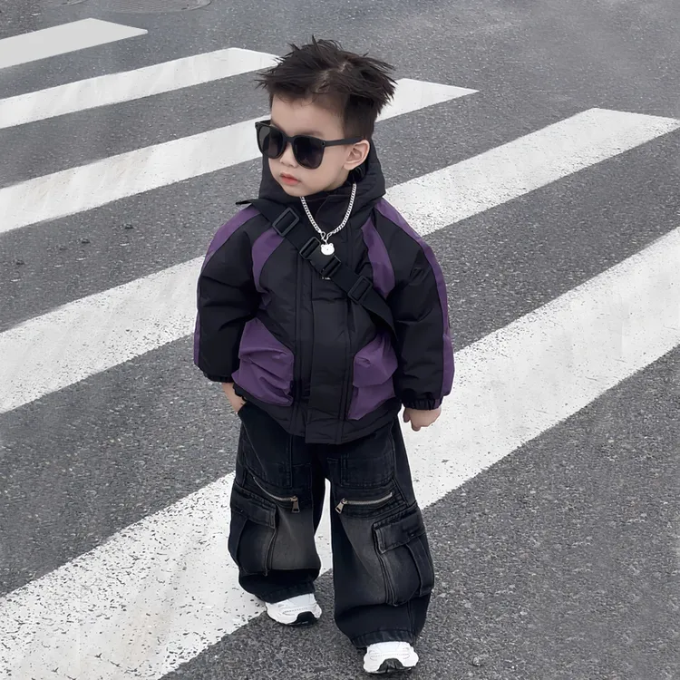 儿童冲锋衣男童夹棉外套秋冬季2025新款小男孩加绒牛仔裤两件套装