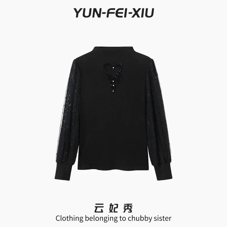 云妃秀大码女装T恤半高领网纱亮片时尚宽松显瘦遮肉胖妹妹冬5218