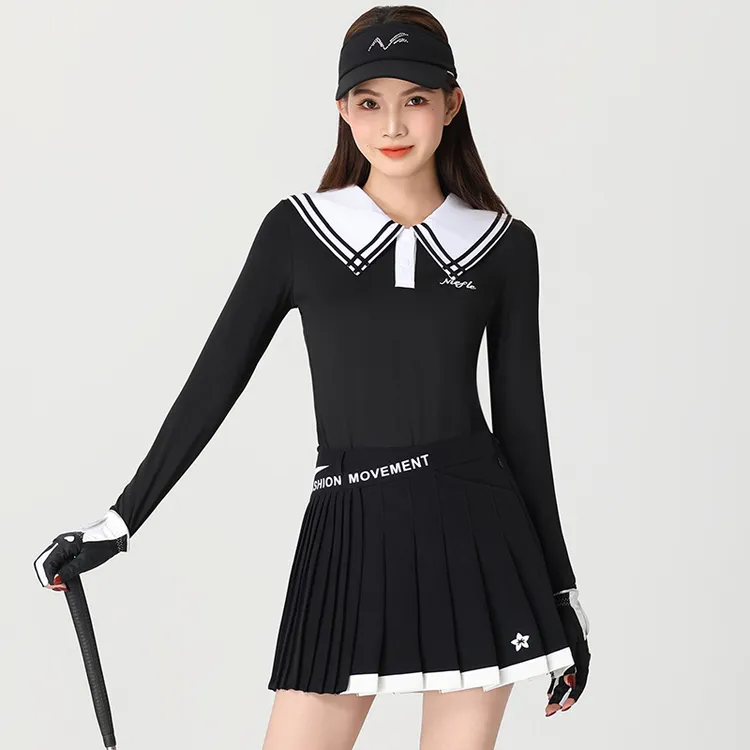 春夏女装长袖Polo衫弹力修身显瘦上衣撞色休闲运动高尔夫套装上衣