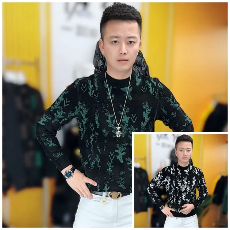 510冬季新款潮流男士天鹅绒提花修身长袖时尚针织毛衣