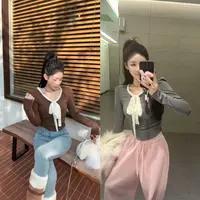 LIN-【奶霜蝴蝶结】加绒蕾丝拼接泡泡袖上衣