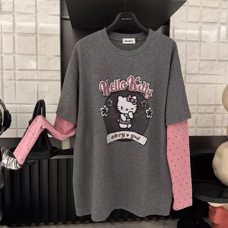 莹莹达【Kitty 甜心】女款可爱印花秋季假两件波点袖子圆领长袖T恤CP570