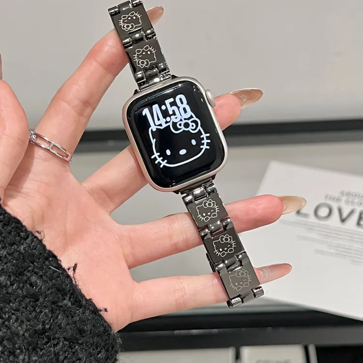 适用苹果手表S10可爱kitty方块镜面iwatchS9可调节S8金属S7表带SE