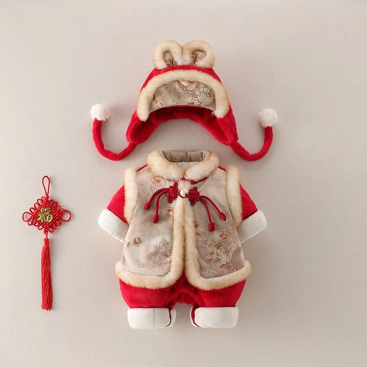 巴拉巴拉婴儿连体衣中国风喜庆拜年服加厚男女宝冬装连体新生儿冬