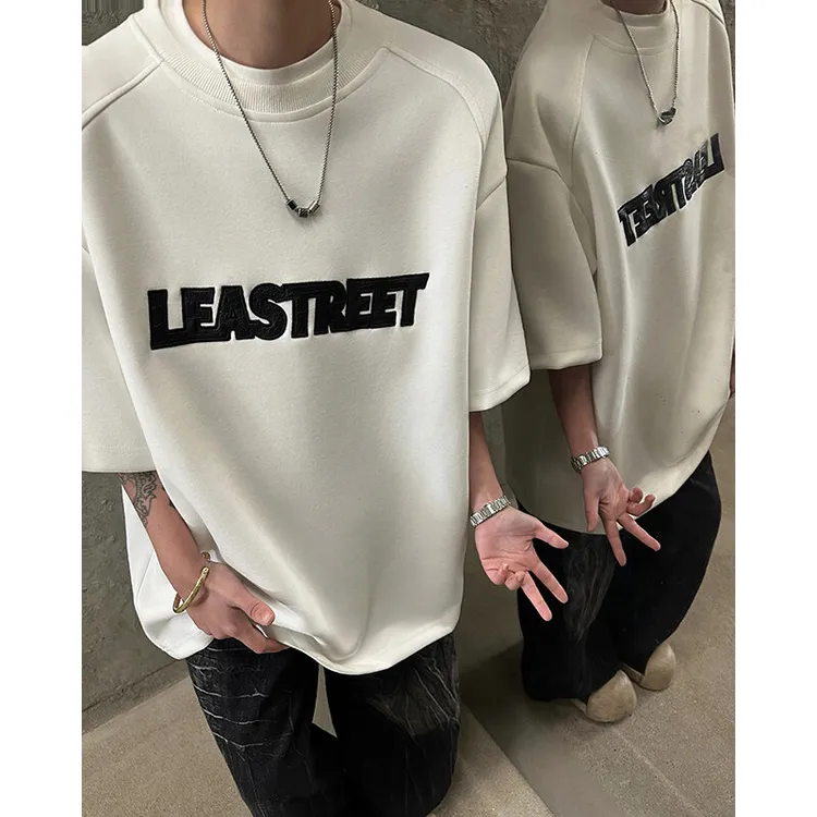 美式高街贴补刺绣正肩短袖T恤男士夏季300g重磅宽松精简清凉半袖