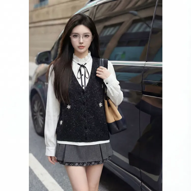 FANRUI/泛芮「雅韵缀夜」素色花边高领洋气百搭高级衬衫马甲B19980