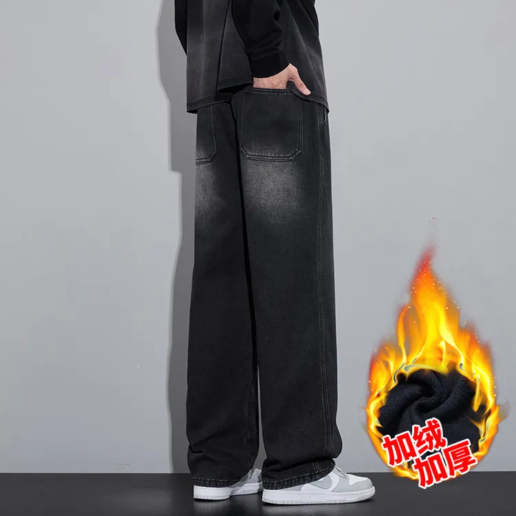 亲肤直筒裤长裤秋冬保暖松紧男士大码男士宽松直筒牛仔裤蓄热锁温
