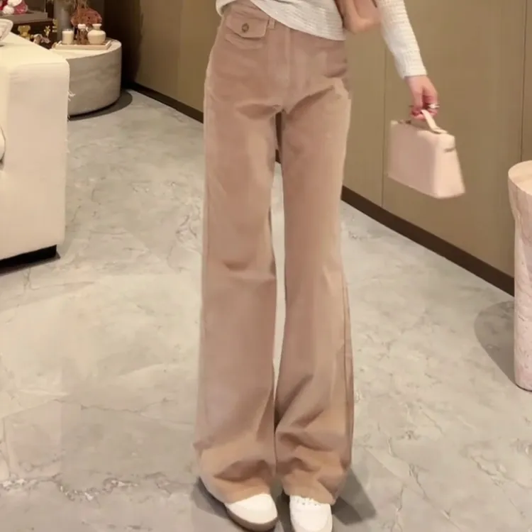 秋冬新款卡其色简约百搭休闲阔腿裤高腰复古日系直筒微喇长裤子女