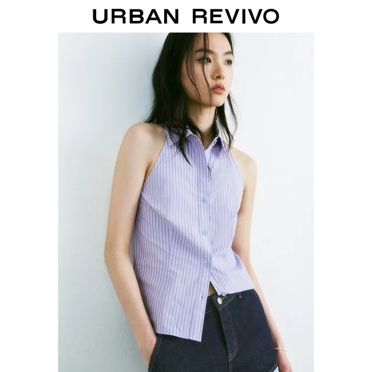 UR2025夏季新款女装撞色条纹系带无袖开襟衬衫UYU250043