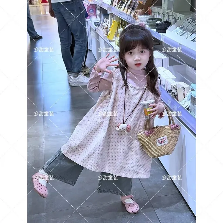 女童秋季新款套装韩版无袖圆点裙女宝宝长袖打底衫休闲直筒牛仔裤