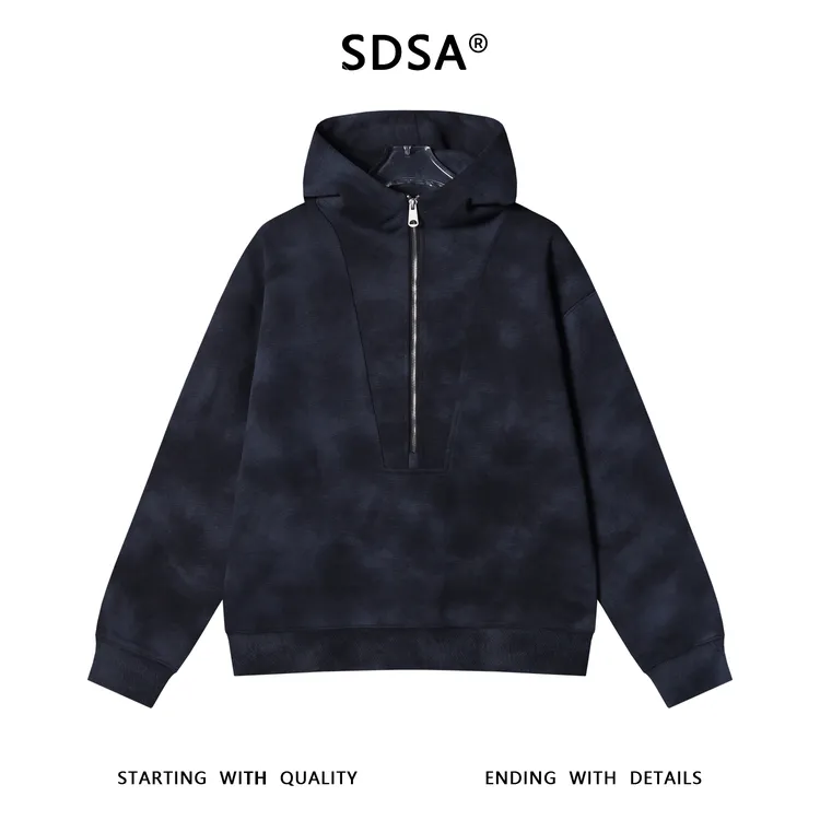 SDSA男士秋冬新款痞帅男装潮牌扎染半拉链连帽卫衣时尚百搭上衣