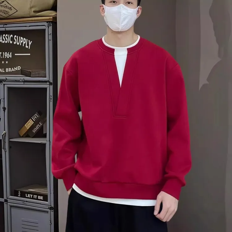 仓石一树潮牌秋季长袖厚款秋季V领假两件卫衣红色时尚lulu风痞帅