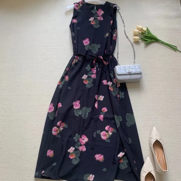 25春夏新款无袖印花碎花夏季长款连衣裙修身显瘦