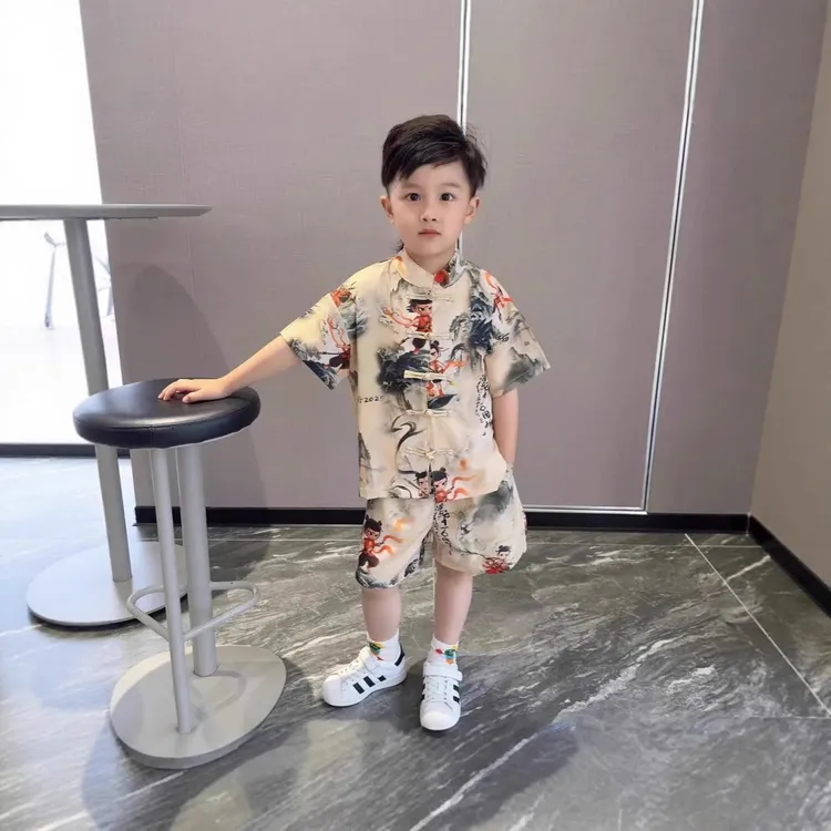 2025新款夏季男童中国风套装汉服儿童礼服中式短袖印花复古洋气）