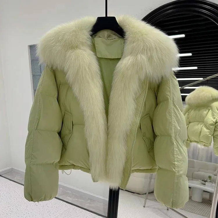 韩版轻暖大毛领棉服女质感冬季短款面包服拉链开合通勤暖系舒适