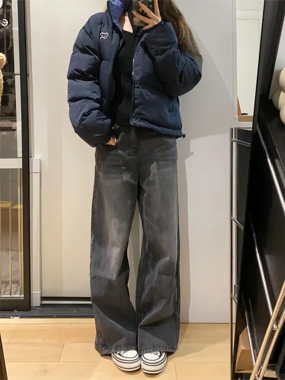 微胖mm高腰宽松显瘦垂感牛仔裤女春季阔腿复古水洗黑灰色直筒裤子