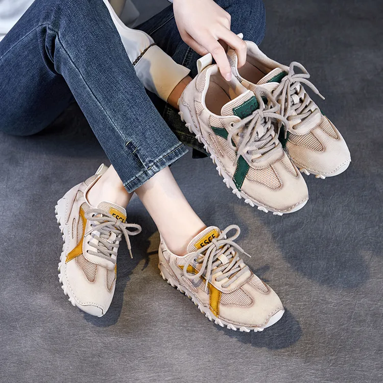 2025春秋新款真皮圆头撞色运动休闲女复古系带平跟透气网纱阿甘鞋