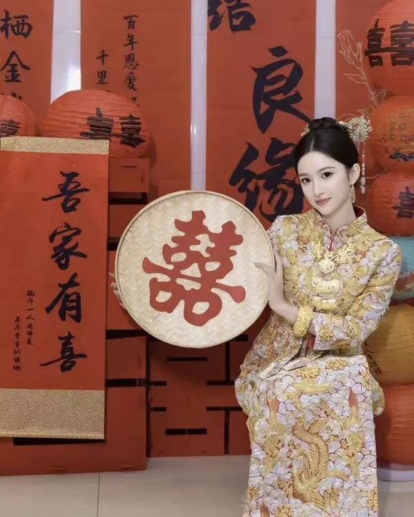 结婚中式装饰簸箕竹编道具婚礼新娘喜字簸箕婚礼道具簸箕