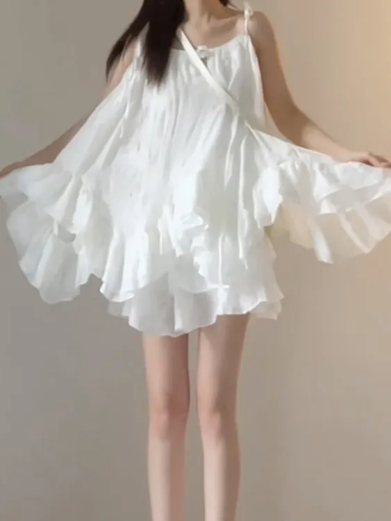 仙气飘飘荷叶边吊带睡裙女夏季新款海边度假仙女短款家居服连衣裙