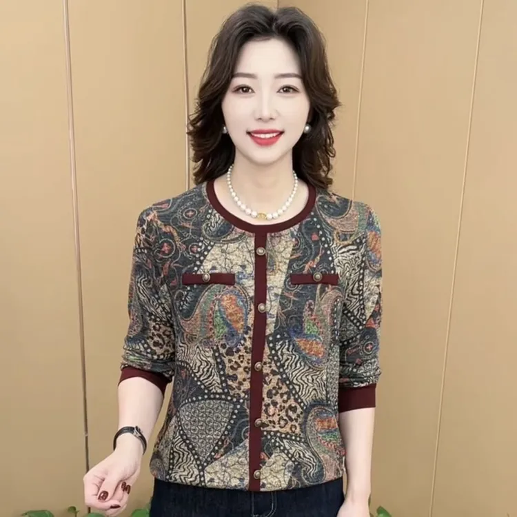 秋季新款时尚圆领中老年气质妈妈装宽松显瘦减龄长袖上衣K8635