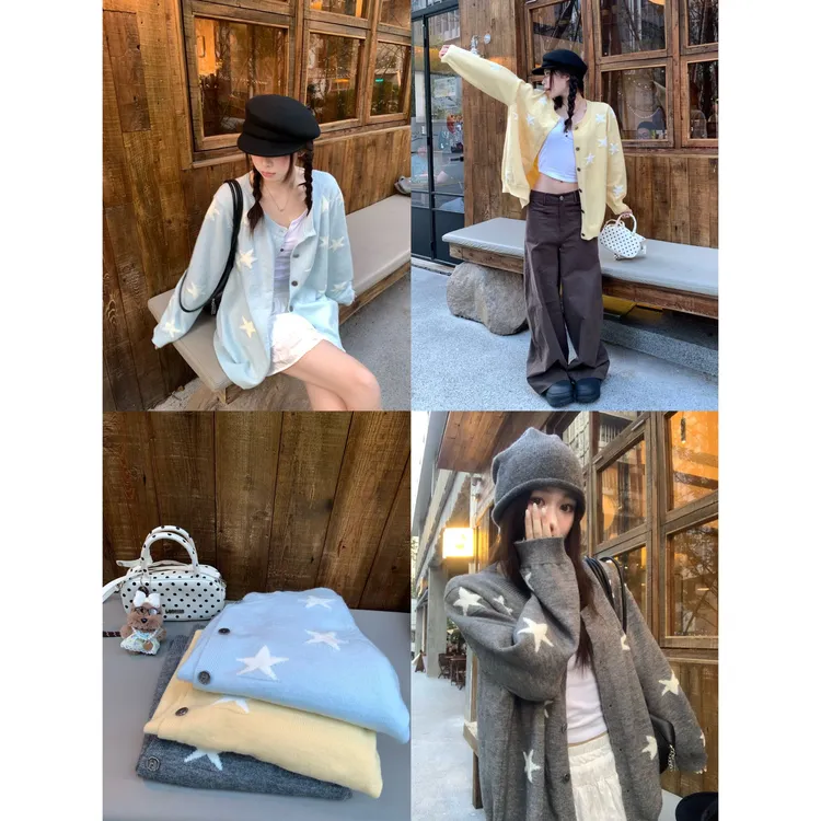 9002大码女装圆领韩系新款星星提花针织开衫宽松显瘦外套上衣