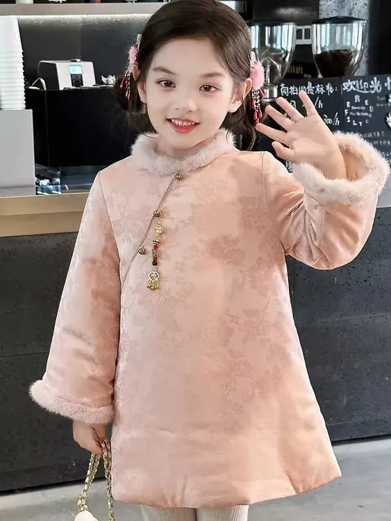 女童国风旗袍裙冬装2025新款儿童新中式夹棉汉服连衣裙女孩拜年服
