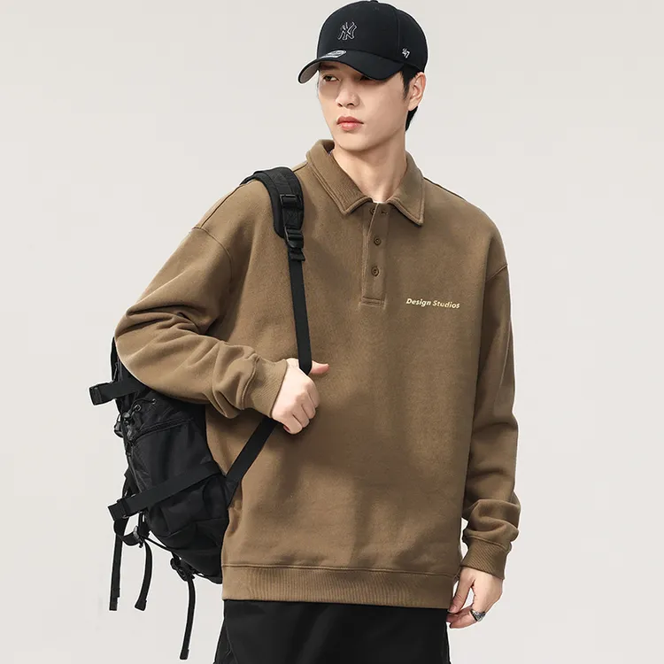 全码男装秋季新品休闲长袖polo衫简约宽松百搭纯色翻领上衣美式