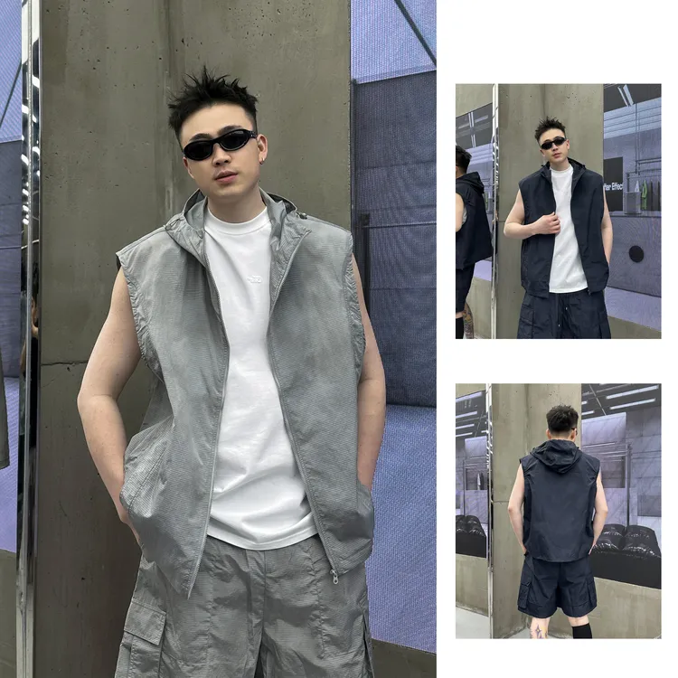 夏季冰感宽松百搭运动外套韩版上衣工装透气时尚砍袖套装5635