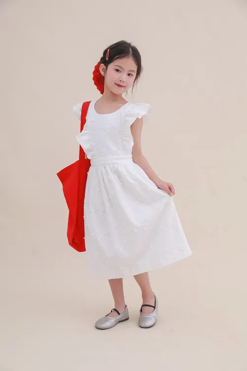 新款法单浮雕刺绣女童连衣裙白色礼服裙公主裙全棉双层梭织裙子