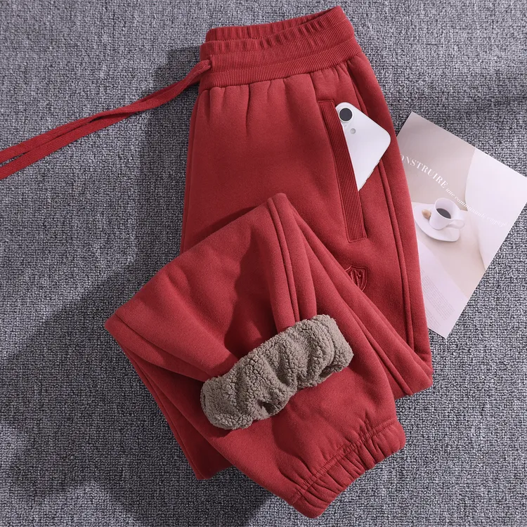 羊羔绒加绒加厚休闲卫裤女冬季2025新款砖红色外穿保暖御寒长裤子