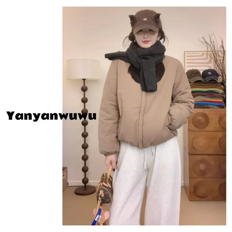 立领短款厚款女保暖长袖棉服棉衣加绒短外套小香风休闲