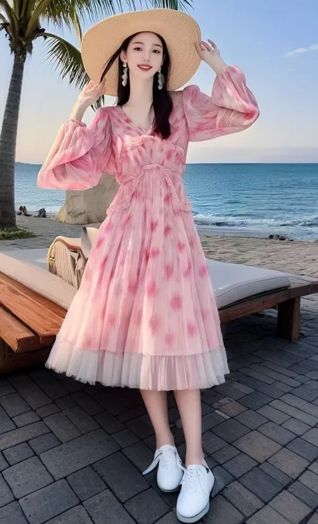 SS624富家千金超好看粉色晕染雪纺连衣裙女早春新款法式茶歇长裙