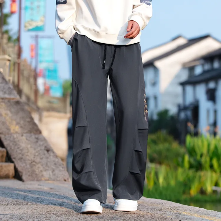 男款秋季休闲裤潮流时尚百搭褶皱直筒裤男装抽绳阔腿印花长裤子男