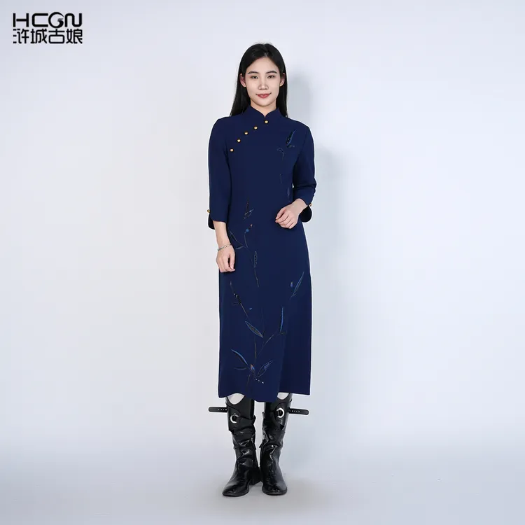 浒城古娘国风竹叶百搭气质显白长款显瘦寻竹旗袍连衣裙HASS010039