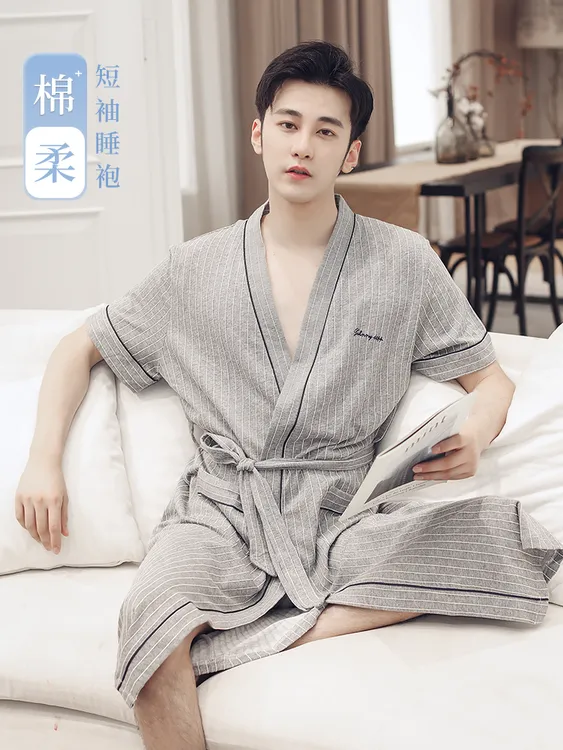 新款夏季男士睡袍薄款短袖中长款潮流时尚浴袍男款长袍睡衣家居服