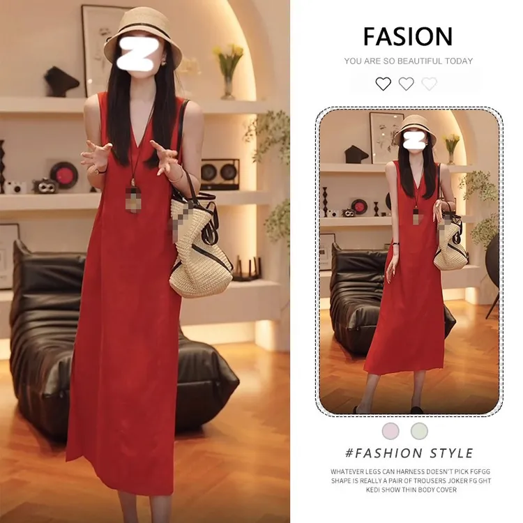 法式红色棉麻连衣裙女夏季2025新款简约时尚气质v领背心亚麻长裙