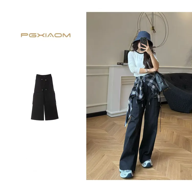 【PGXIAOM】润秀定制黑色工装阔腿裤KZ10170