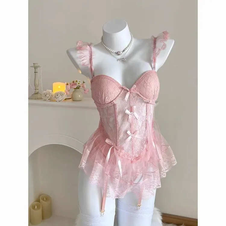 性感睡衣睡裙小胸钢圈显大吊带内衣纯欲鱼骨蕾丝聚拢胸垫诱惑套装